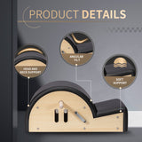 Pilates spine corrector with head and neck support, soft support, and angular tilt