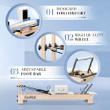 Faittd Pilates Reformer Machine features: comfort, high-quality wheel, adjustable foot bar