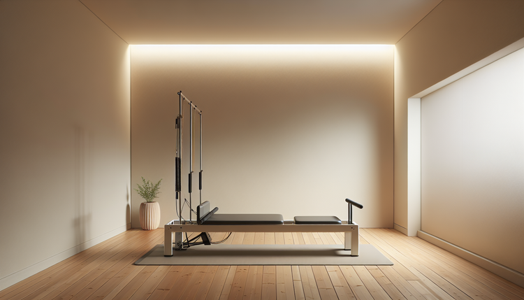 Minimalist pilates studio with a reformer machine.