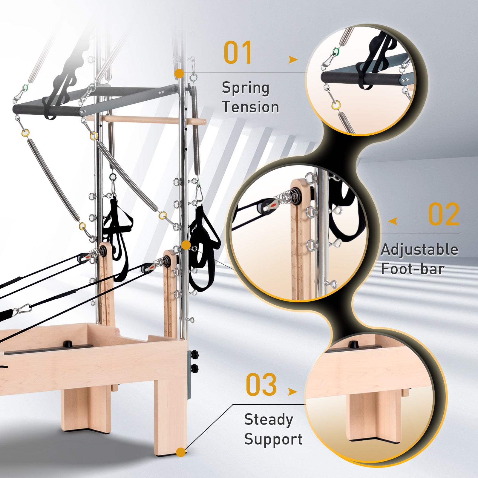 Wooden Pilates Reformer With Tower - Black